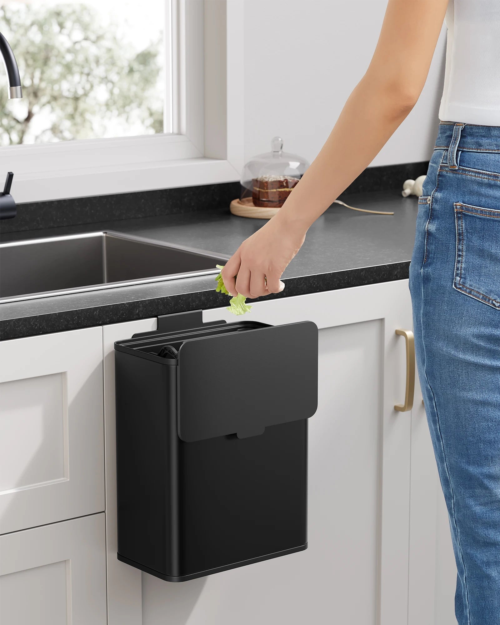 SONGMICS Hanging Kitchen Bin, 2.1-Gallon (8 L) Steel Trash Bin with Lid for Food Waste