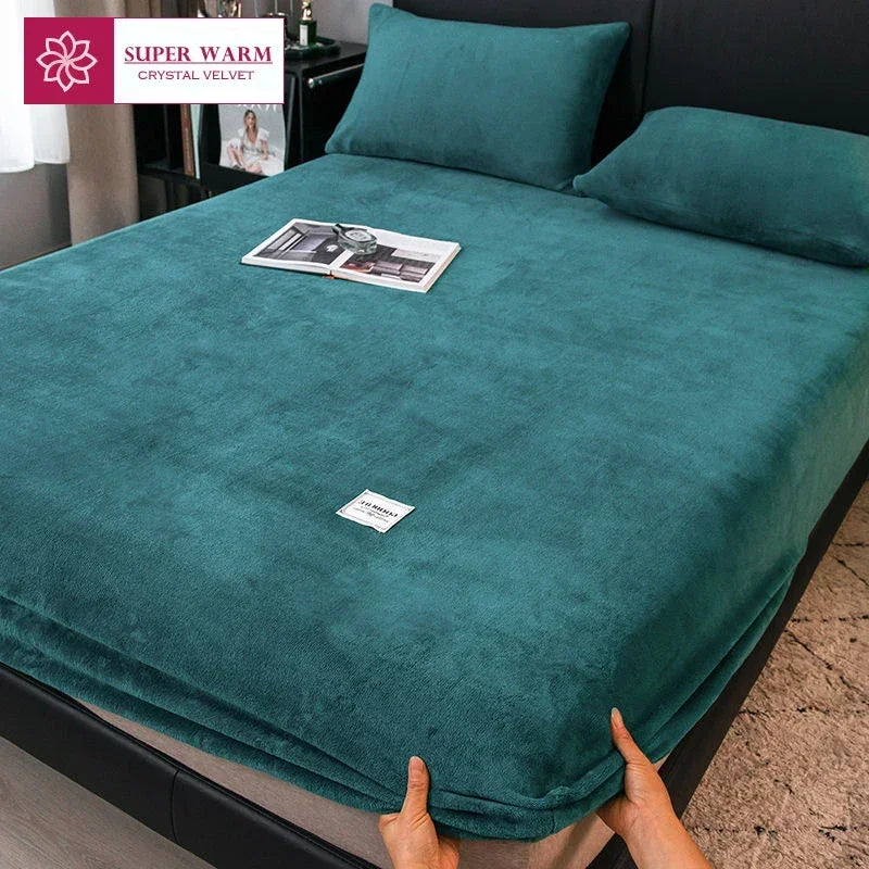 Soft Warm Plush Fitted Sheet Elastic Mattress Cover Fluffy Coral Fleece Bed Linen Winter Couple Luxury Double Bed Bedding