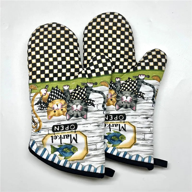 2Pcs 17x33cm Cotton Vintage Printed Oven Mitts Baking Gloves Pad Microwave Insulation Kitchen Tool Party Gift