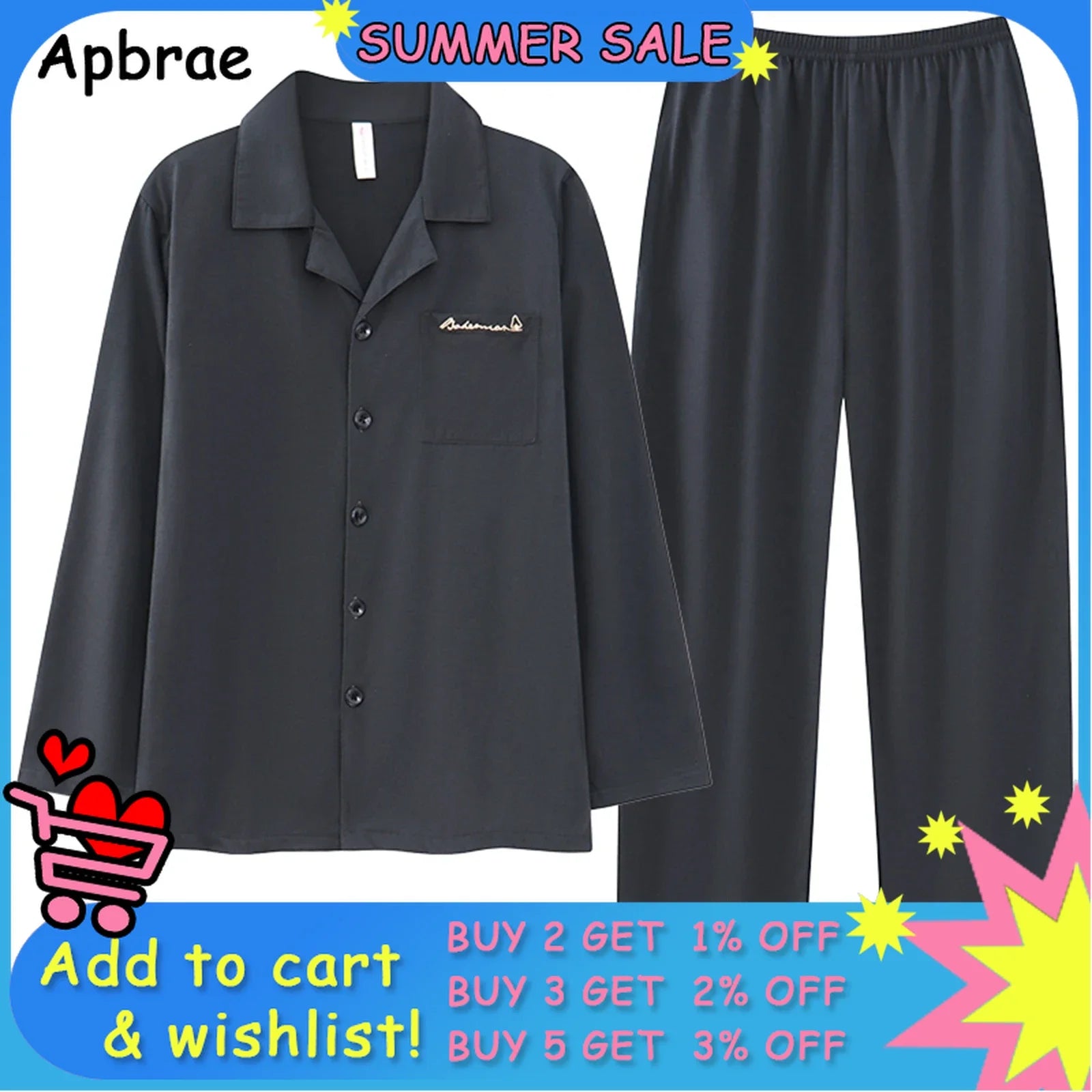 Classic Black Mens Pajamas Spring Autumn Cotton Pyjamas Collared Neck with Notched Lapels Long Sleeves Button Placket Sleepwear