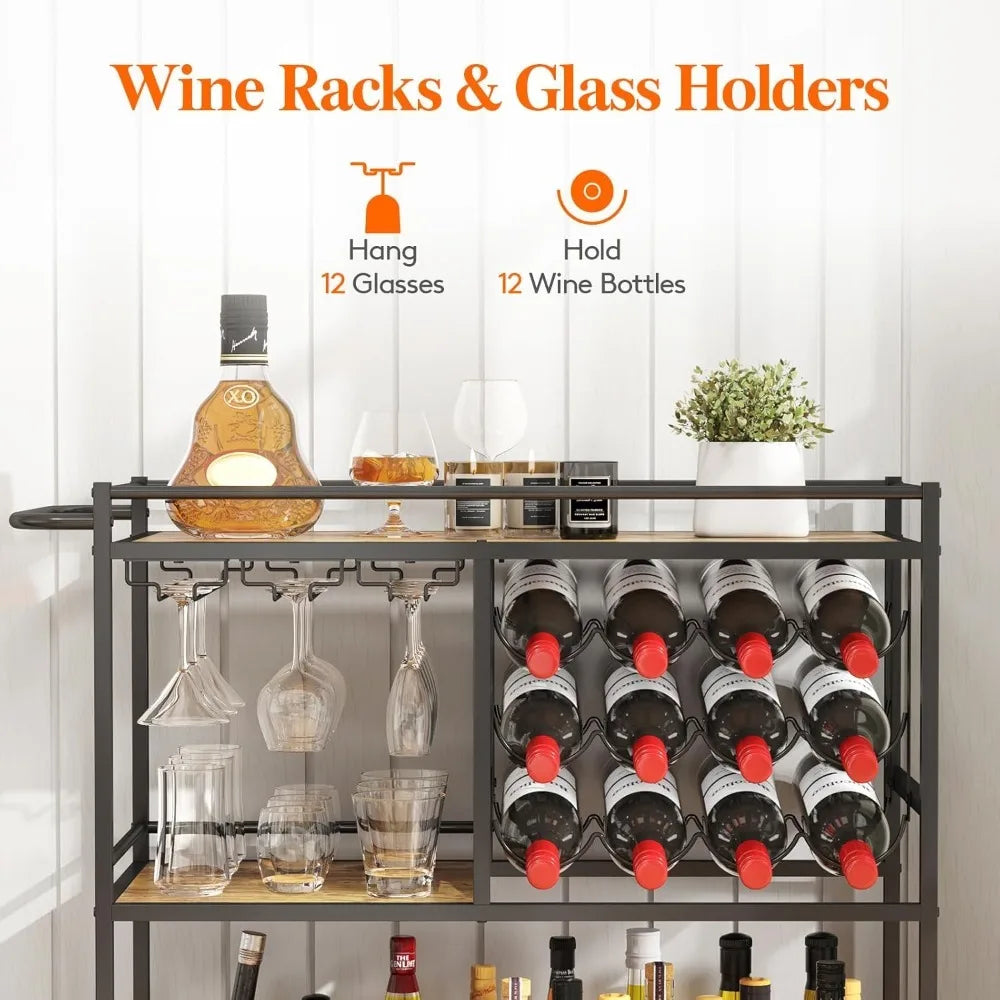 Drink Trolley, 3 Tier Bar Cart with Lockable Wheels, 12 Wine Rack and 3 Rows Glass Holders, Serving Alcohol Trolley, Wine Rack