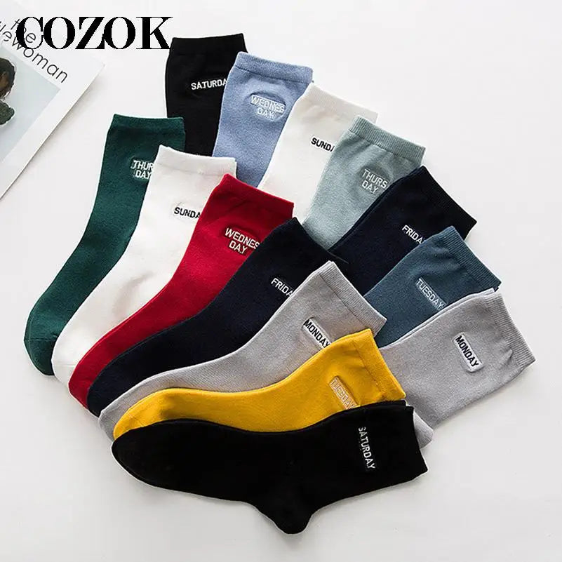 7 Pairs/Set Monday To Sunday 7 Days Embroidery Weekly Socks Couple Cotton Casual Socks Women Men Fashion Japanese Style Mid Sock