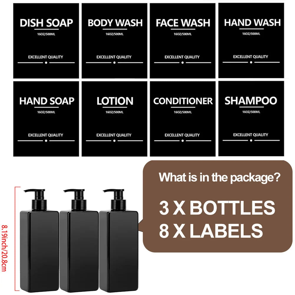 3PCS 500ml Square Soap Dispenser Waterproof Labels Refillable Empty Bottle Hand Soap Liquid Lotion Shampoo Conditioner Container