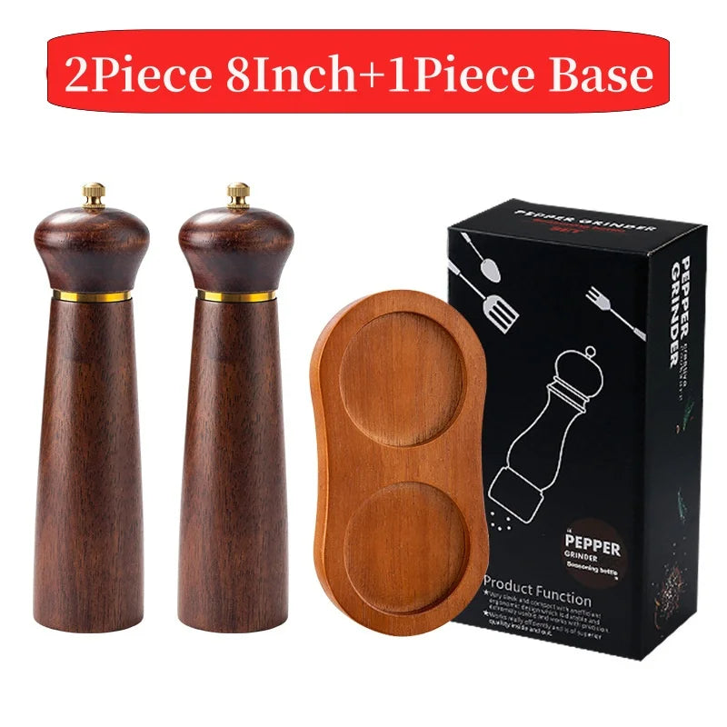 Oak Wooden Salt Pepper Mill with Base Set,Antique Western Style Pepper Grinding Tool,Ceramic Core,Salt Spice Shaker,8Inch, 5Inch