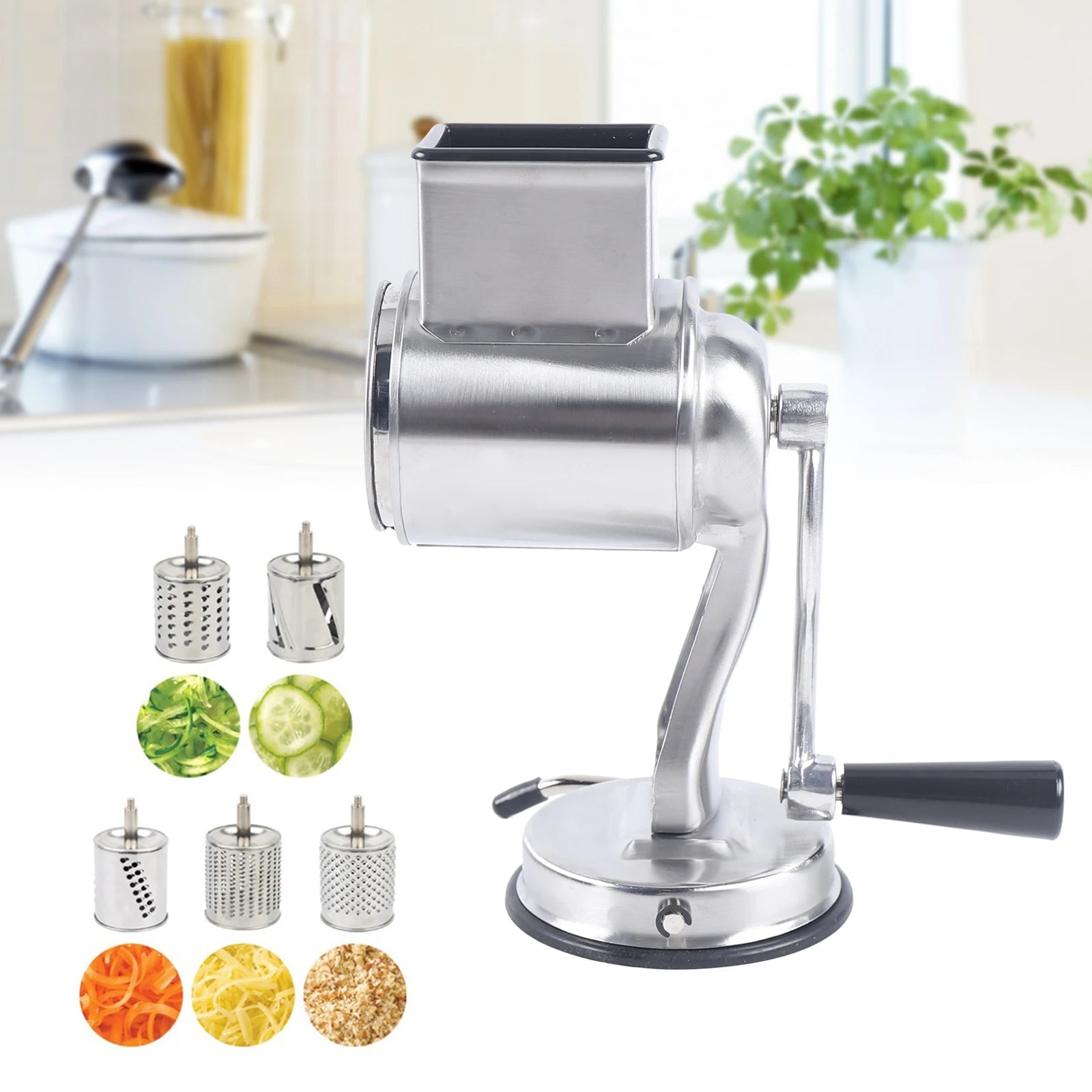Multi-functional Cheese Grater Rotary Fruit Vegetable Slicer Shredder 5Drum Blade Stainless Steel