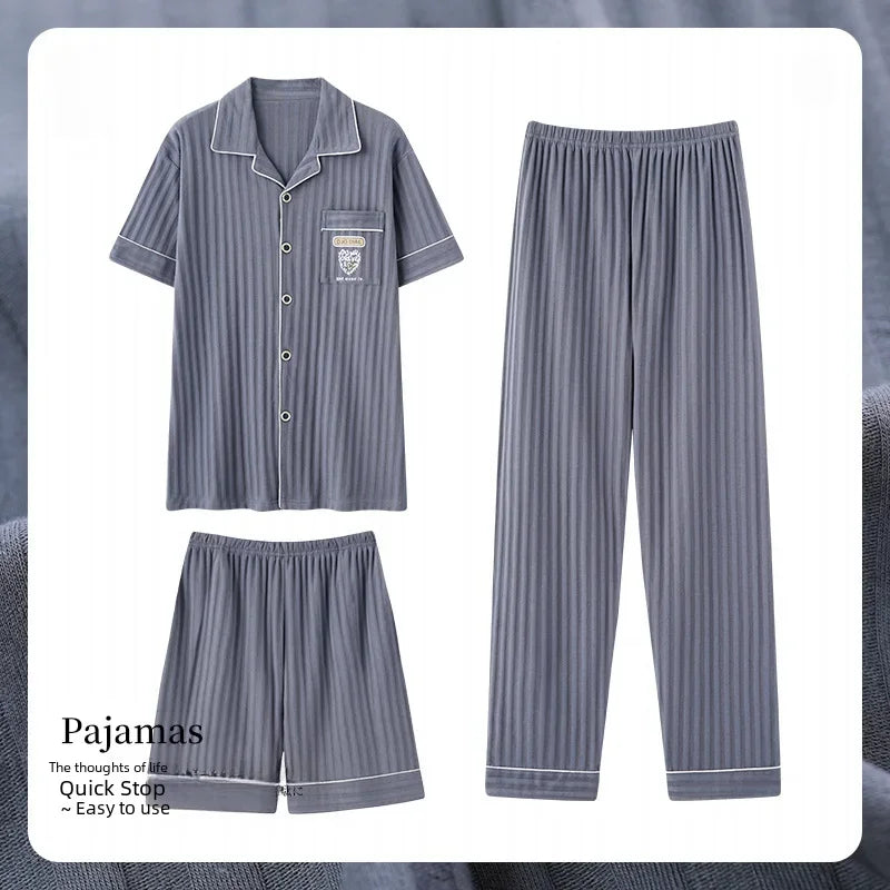 High-end Comfortable Cotton Men's Pajama Set Short Sleeve Summer Cardigan Style Suitable For Home Outdoor Wear