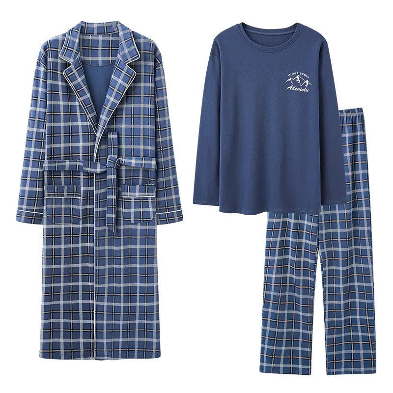 Cotton Pajama Set for Men with Long Sleeve Nightgown and Bathrobe for Home and Outdoor Wear