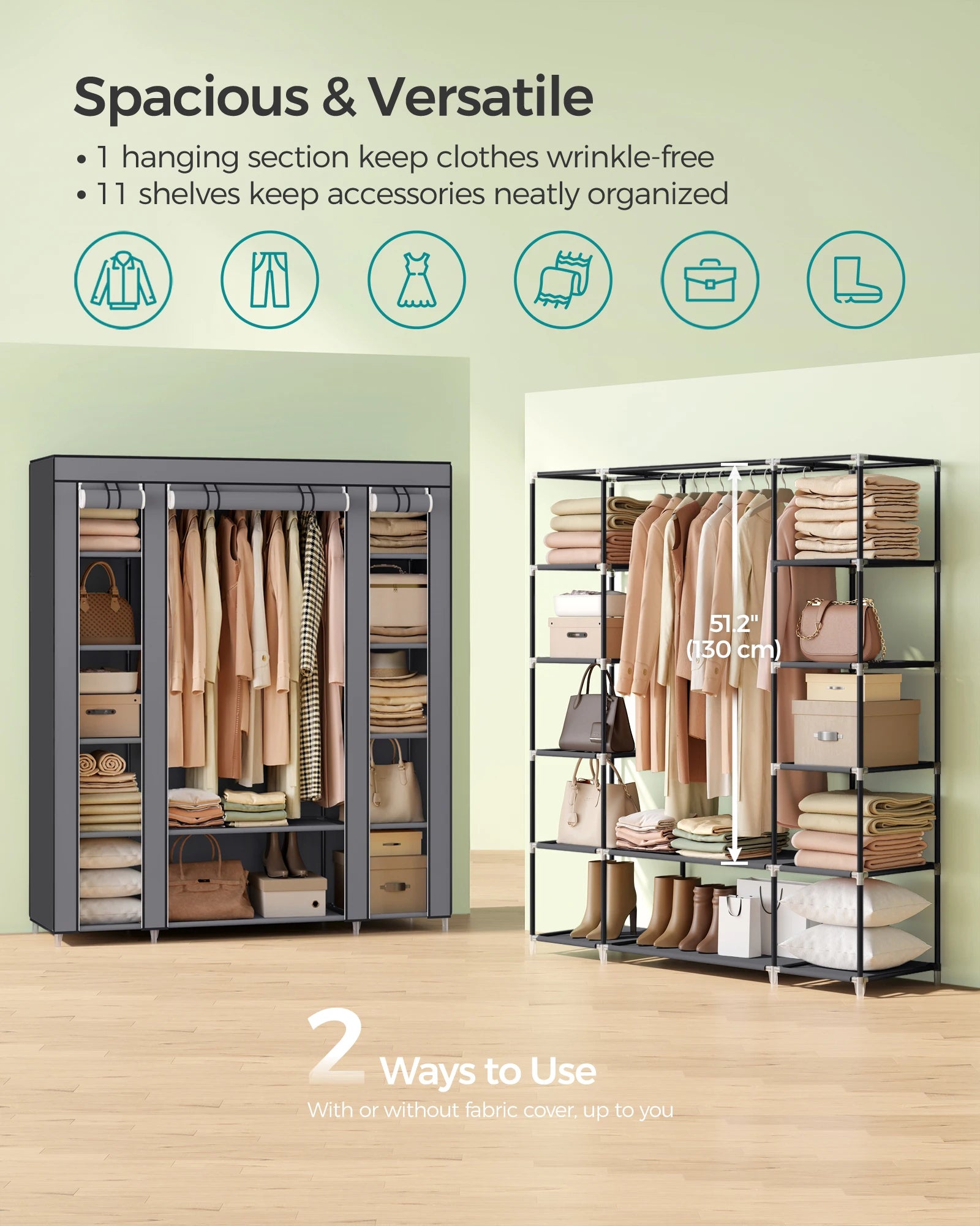 SONGMICS Fabric Wardrobe, Portable Wardrobe for Bedroom, Clothes Rail with Non-Woven Fabric Cover, Clothes Storage Organise