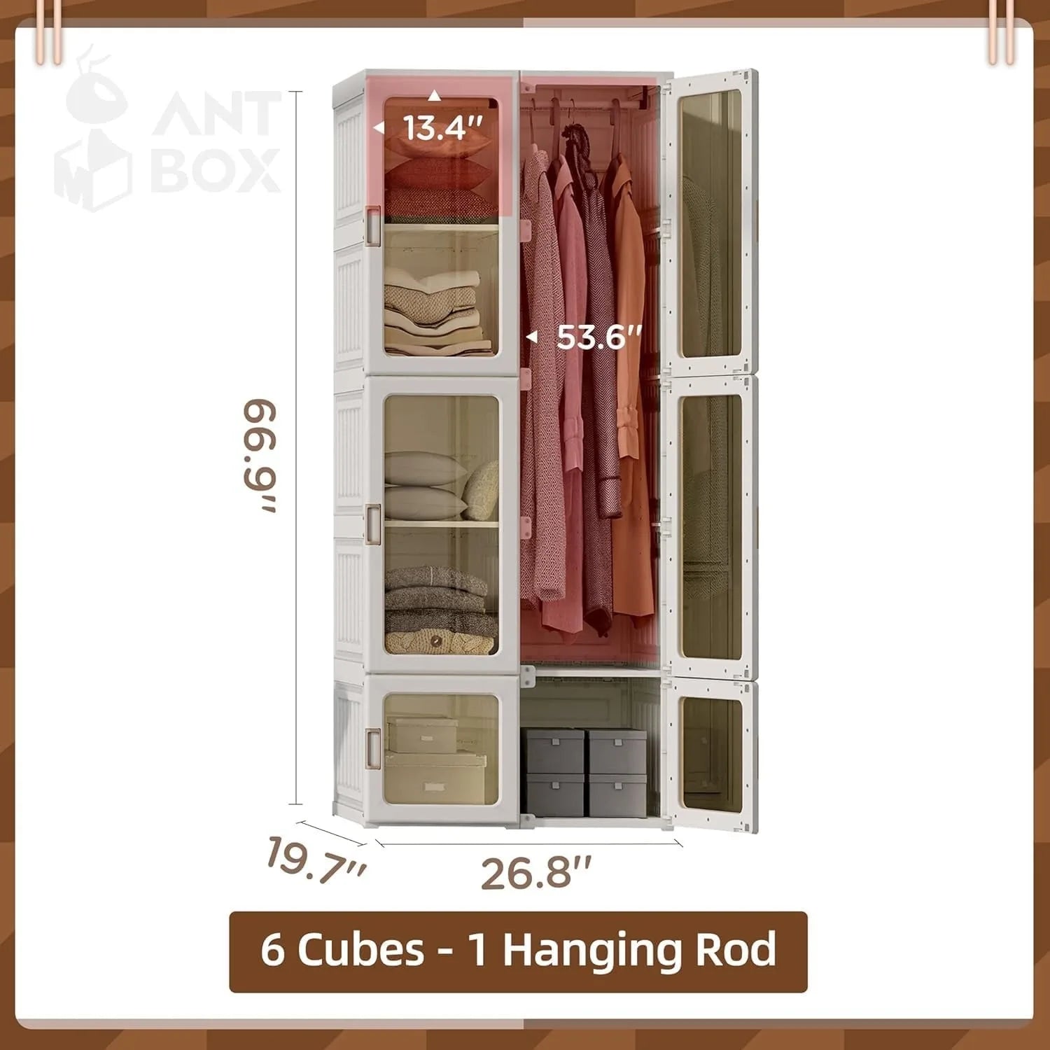 D Portable Wardrobe Closet Storage Organizer Transparent Door Panels, Plastic Wardrobe with Magnetic Door and Easy Assembly