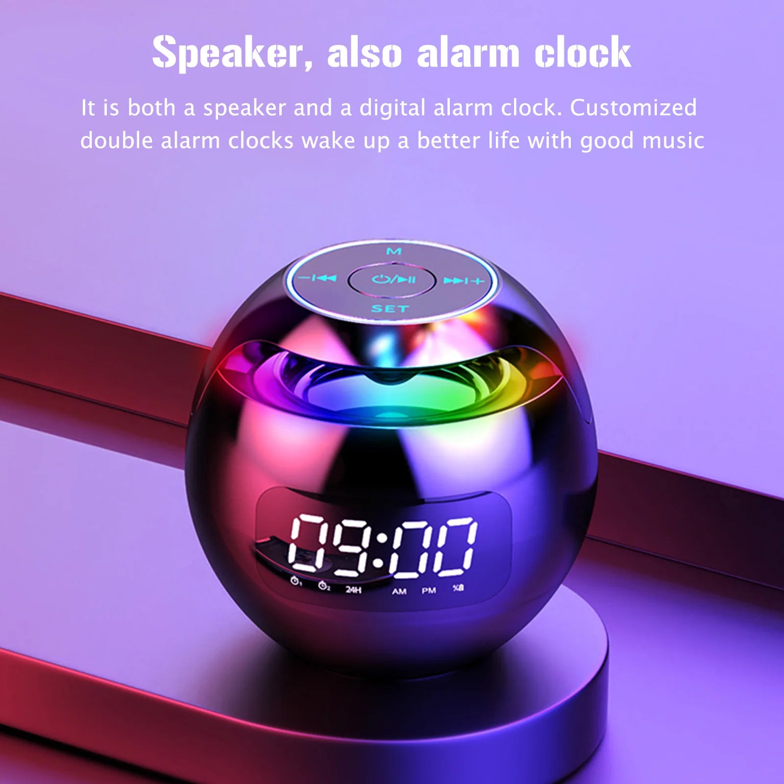 Spherical Desk Alarm Clock 2000mAh LED Screen Music Player Clock BT 5.0 TF Card FM Radio RGB Colorful Chrismas Gifts for Home