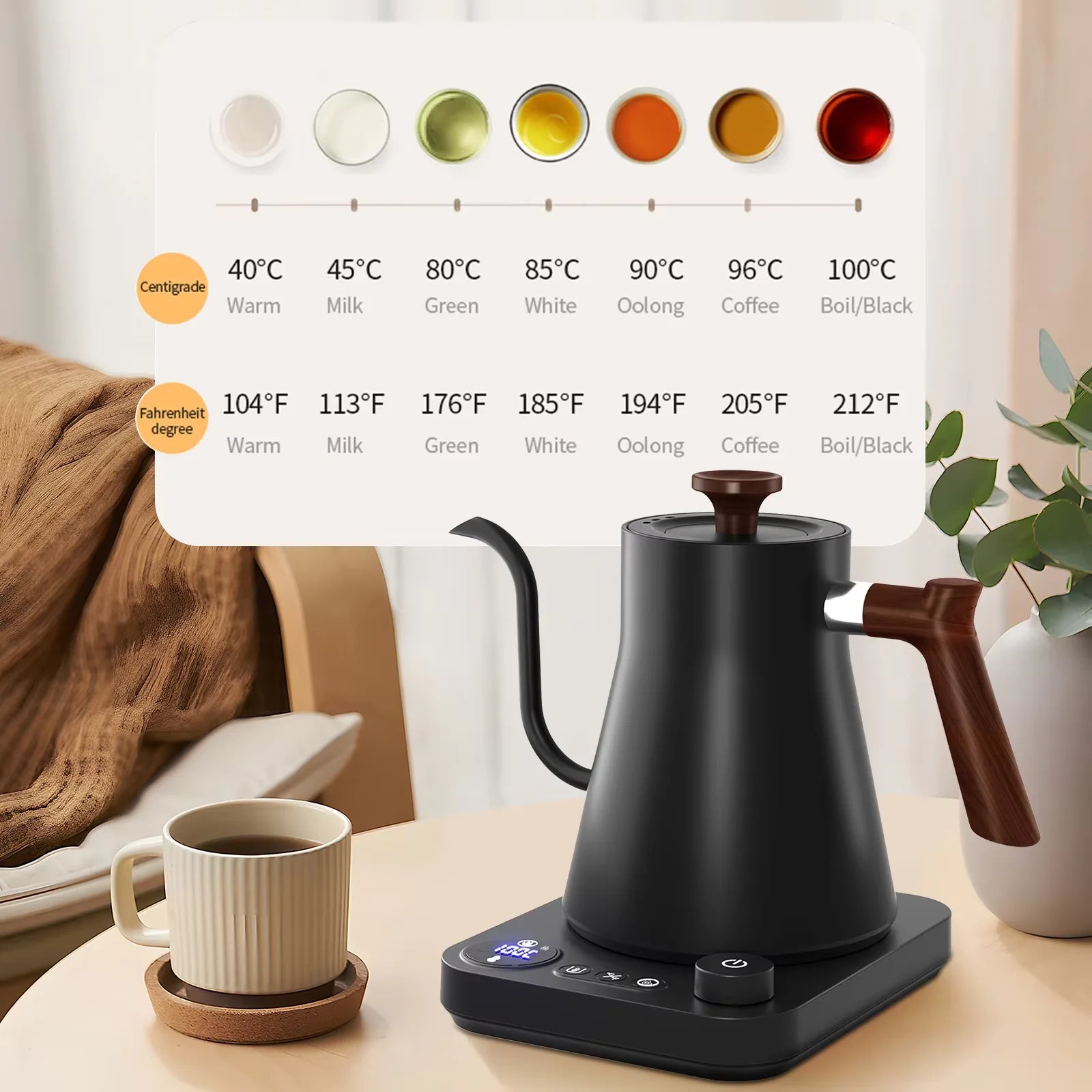 Electric Kettle 0.9L Temperature Control Stainless Steel Inner Quick Heating 1200W Electric Kettles for Pour Over Coffee Tea