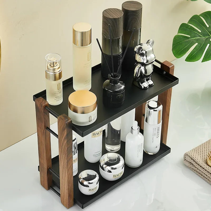 Bathroom vanity dressing skin care cosmetics wooden storage box desktop shelf washstand，wood KitchenTwo-layer Storage Rack