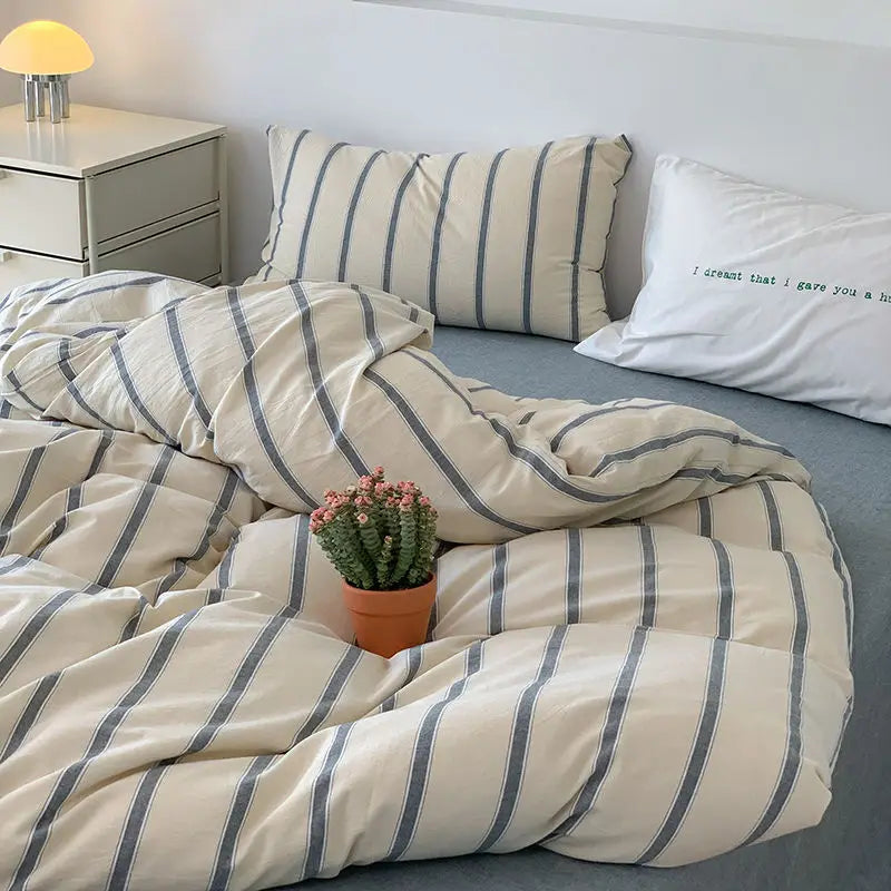 Stripes Duvet Cover Set Adults Boys Quilt Cover Bed Sheet Simple Home Bedding Soft Washed Cotton Bedclothes Single Double Size