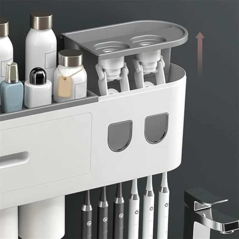 Automatic Toothpaste Dispenser Magnetic Toothbrush 2 Cups Holder 6 Toothbrush Hocks (2 Dispenser 2 Cups)