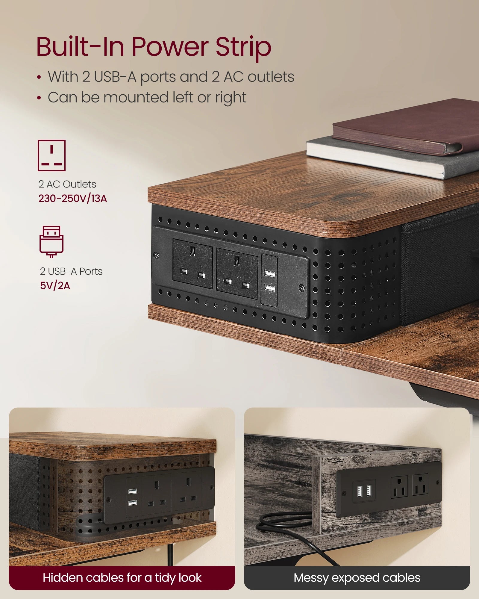 VASAGLE Electric Standing Desk with Built-In Power Strip, 60 x 120 x (72-120) cm, Adjustable Height