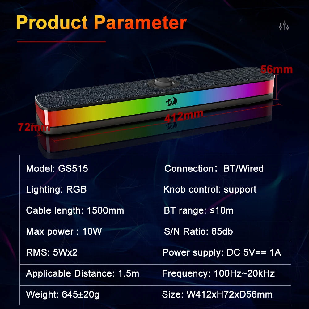 REDRAGON NEO GS515 RGB Desktop Soundbar 2.0 Channel Stereo Computer USB Speakers Support Bluetooth Wireless loudspeakers for PC