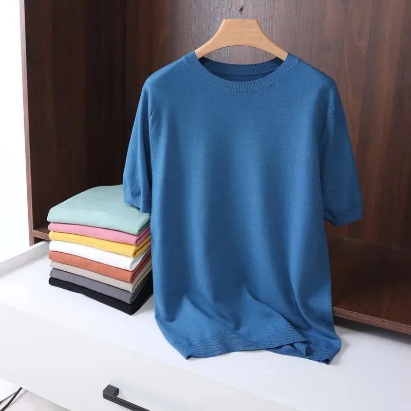 Men's  Superfine Merino Wool T Shirt Knitted O-neck Breathable Thin Cashmer Short Sleeve Tee Solid Color Knitting  Jumpers Tops