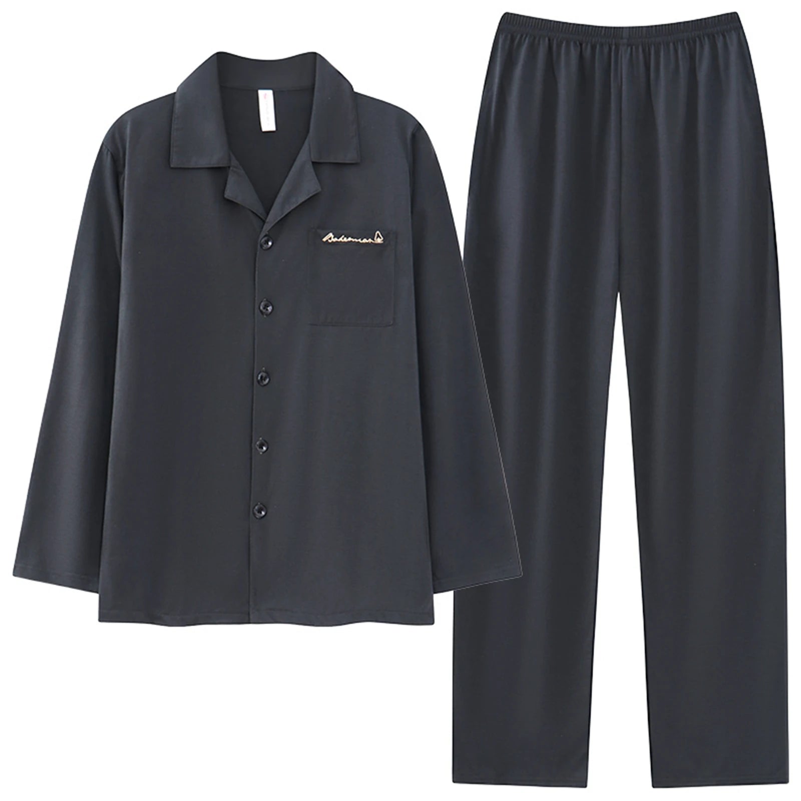 Classic Black Mens Pajamas Spring Autumn Cotton Pyjamas Collared Neck with Notched Lapels Long Sleeves Button Placket Sleepwear