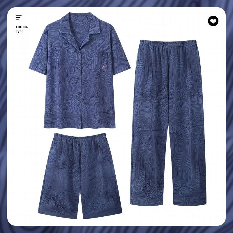 Men's Pajamas Loungewear Three-Piece Set Cotton Men's Spring and Summer Short Sleeve Shorts Trousers Thin Pajamas Loungewear Set