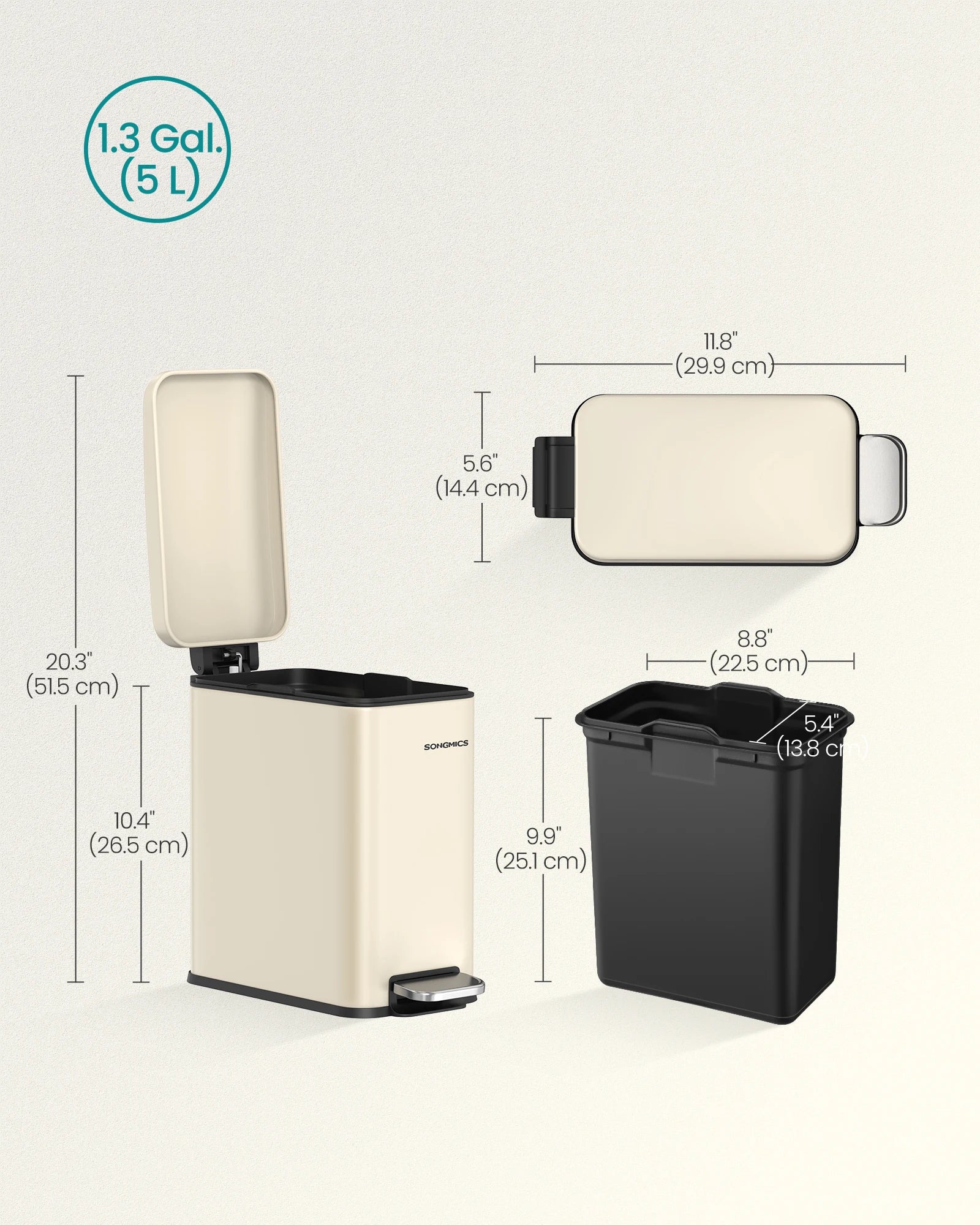 SONGMICS Bathroom Bin, 5L Small Bin with Lid, Pedal Toilet Bin, Slim for Small Spaces, Steel, Soft Close
