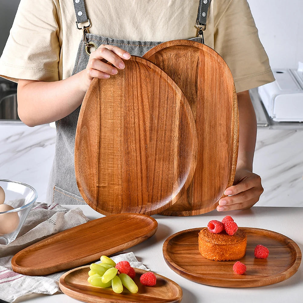 1Pc Oval Tray Food Serving Plate Acacia Wood Snack Deseert Plate Teaboard Natural Tea Food Server Dishes Drink Platter