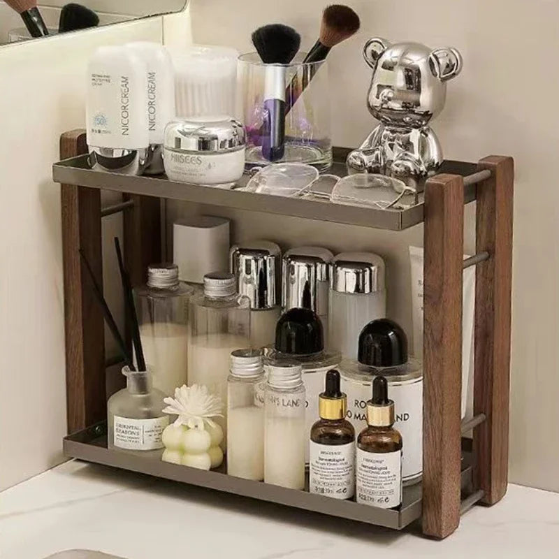 Bathroom vanity dressing skin care cosmetics wooden storage box desktop shelf washstand，wood KitchenTwo-layer Storage Rack