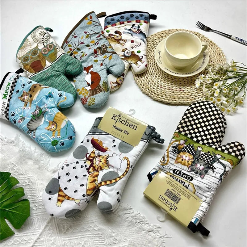 2Pcs 17x33cm Cotton Vintage Printed Oven Mitts Baking Gloves Pad Microwave Insulation Kitchen Tool Party Gift