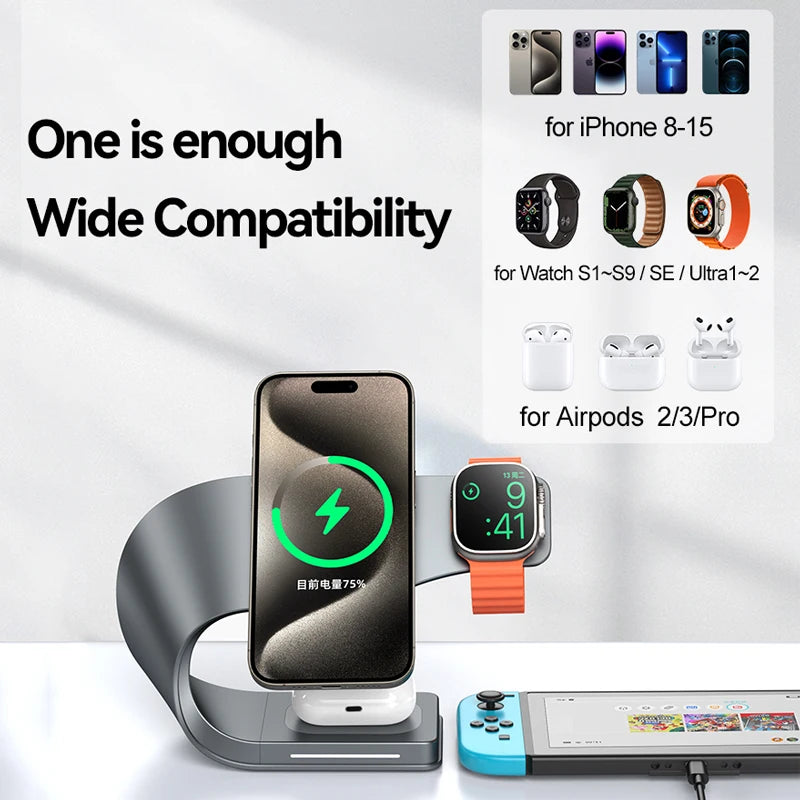 4 in 1 Wireless Charger Metal Shell  for iPhone 15 14 13 12 Magnetic Fast Charging Station Stand Dock for Apple Airpods Watch