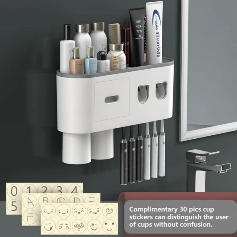 Automatic Toothpaste Dispenser Magnetic Toothbrush 2 Cups Holder 6 Toothbrush Hocks (2 Dispenser 2 Cups)