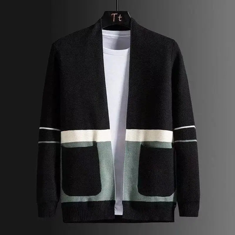 2023 Autumn Winter Men's V-neck All-match Patchwork Pocket Knitted Cardigan Fashion Casual Elegant Commuter Long Sleeve Sweater