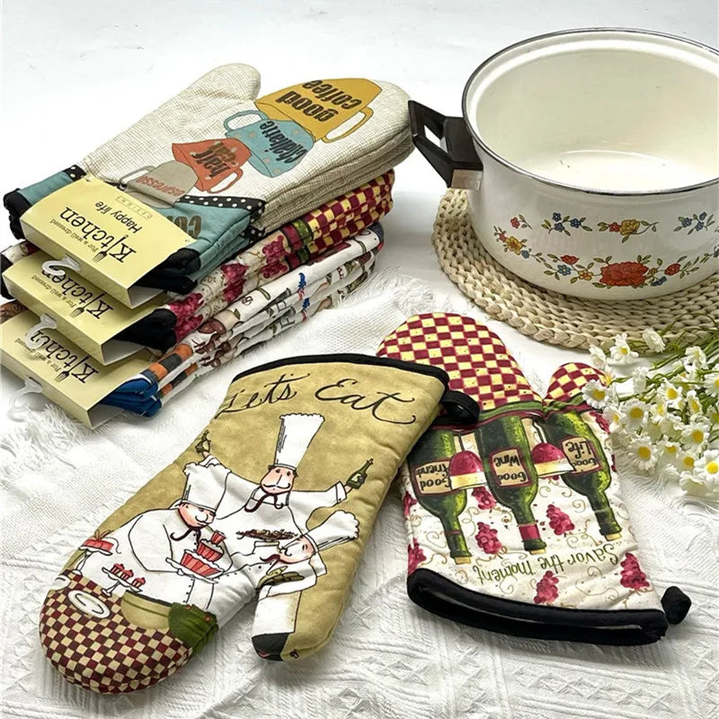 2Pcs 17x33cm Cotton Vintage Printed Oven Mitts Baking Gloves Pad Microwave Insulation Kitchen Tool Party Gift