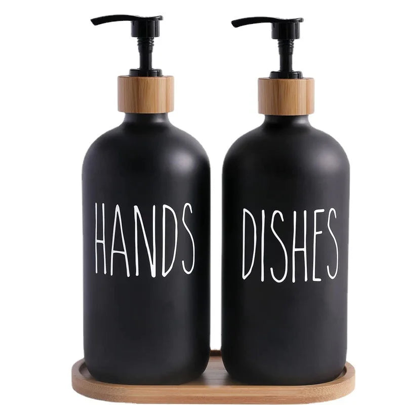 500ml Hand Dish Soap Dispenser Set With Bamboo Tray Refillable Plastic Bottle Shampoo Shower Gel Lotion Liquid Empty Container