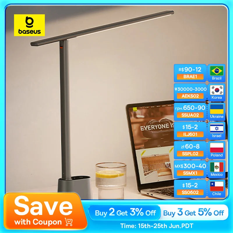 Baseus LED Desk Lamp Eye Protection Study Dimmable Office Light Foldable Table Lamp Smart Adaptive Brightness Bedside Read Lamp