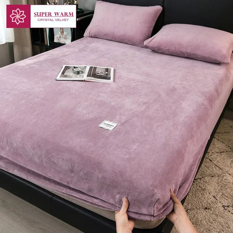 Soft Warm Plush Fitted Sheet Elastic Mattress Cover Fluffy Coral Fleece Bed Linen Winter Couple Luxury Double Bed Bedding