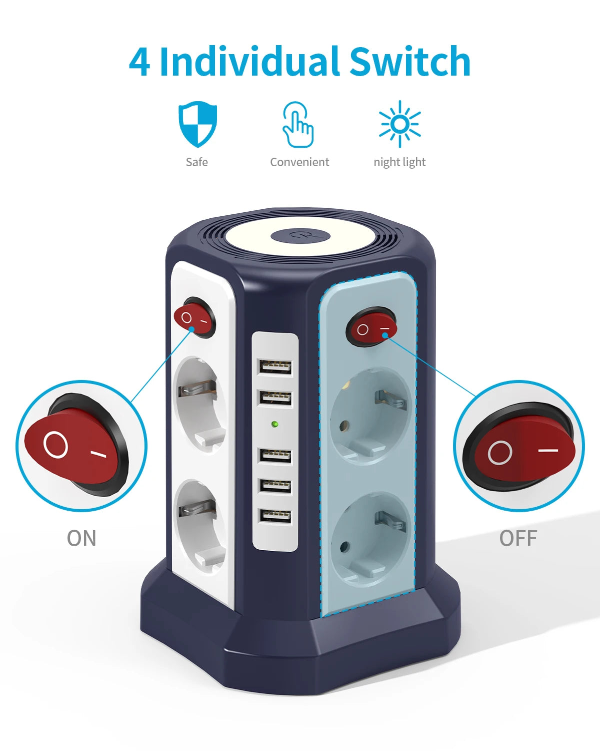 Euro 8-Position Smart Socket Tower with 5 USB Ports Multi-function Expansion and Individual Switch Control for Home and Office