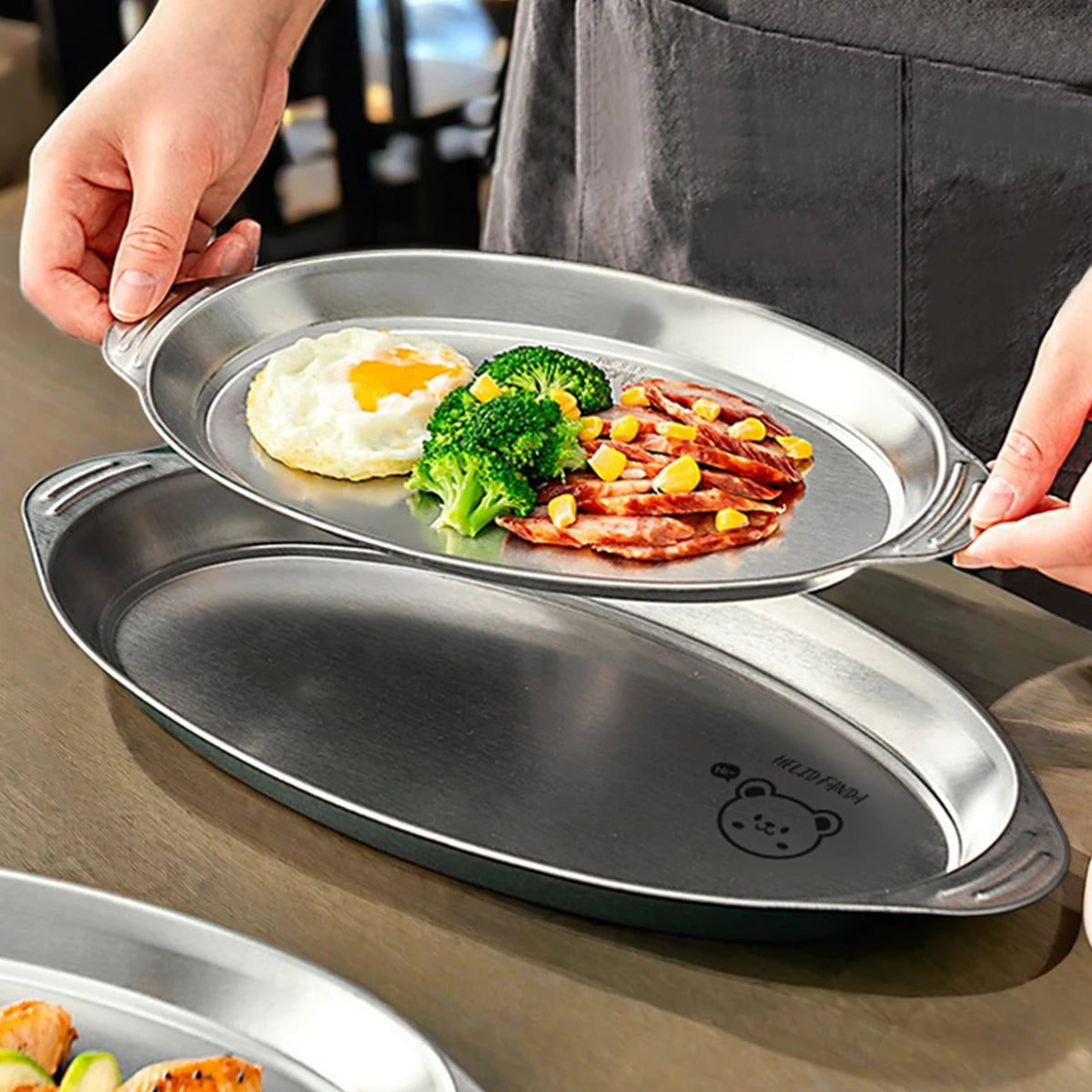 WORTHBUY Stainless Steel Fish Dish Home Steaming Fish Plate Oval Platter Thickened Main Dish Plate Snack Dessert Serving Tray