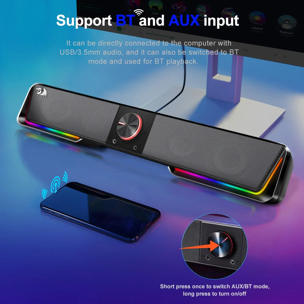 REDRAGON GS570 Darknets Support Bluetooth Wireless aux 3.5 surround RGB speakers column sound bar for computer PC loudspeakers