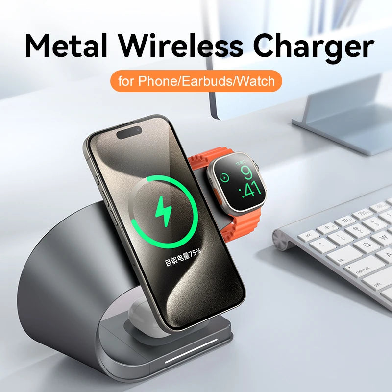 4 in 1 Wireless Charger Metal Shell  for iPhone 15 14 13 12 Magnetic Fast Charging Station Stand Dock for Apple Airpods Watch