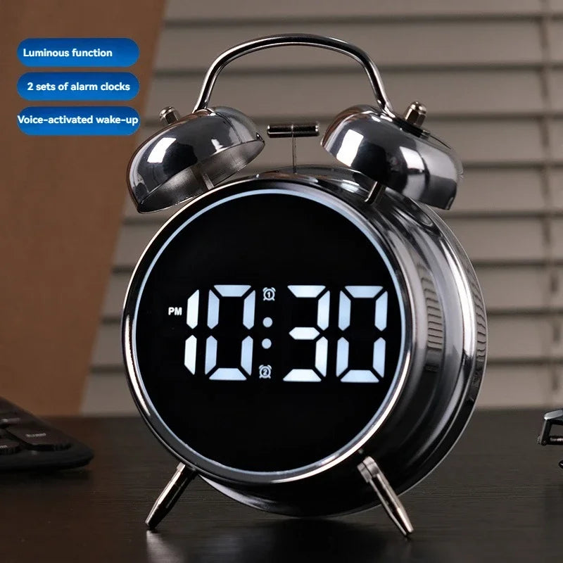 Multifunctional Extra Large Metal Alarm Clock with LED Screen Plug-In Children's Clock for Heavy Sleepers