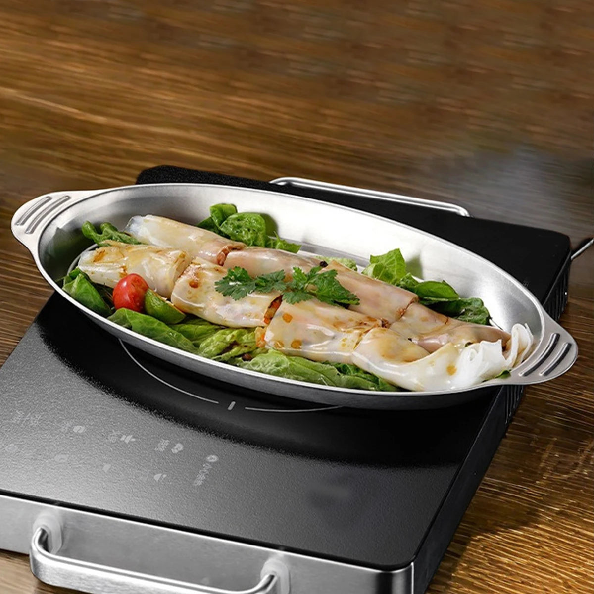 WORTHBUY Stainless Steel Fish Dish Home Steaming Fish Plate Oval Platter Thickened Main Dish Plate Snack Dessert Serving Tray