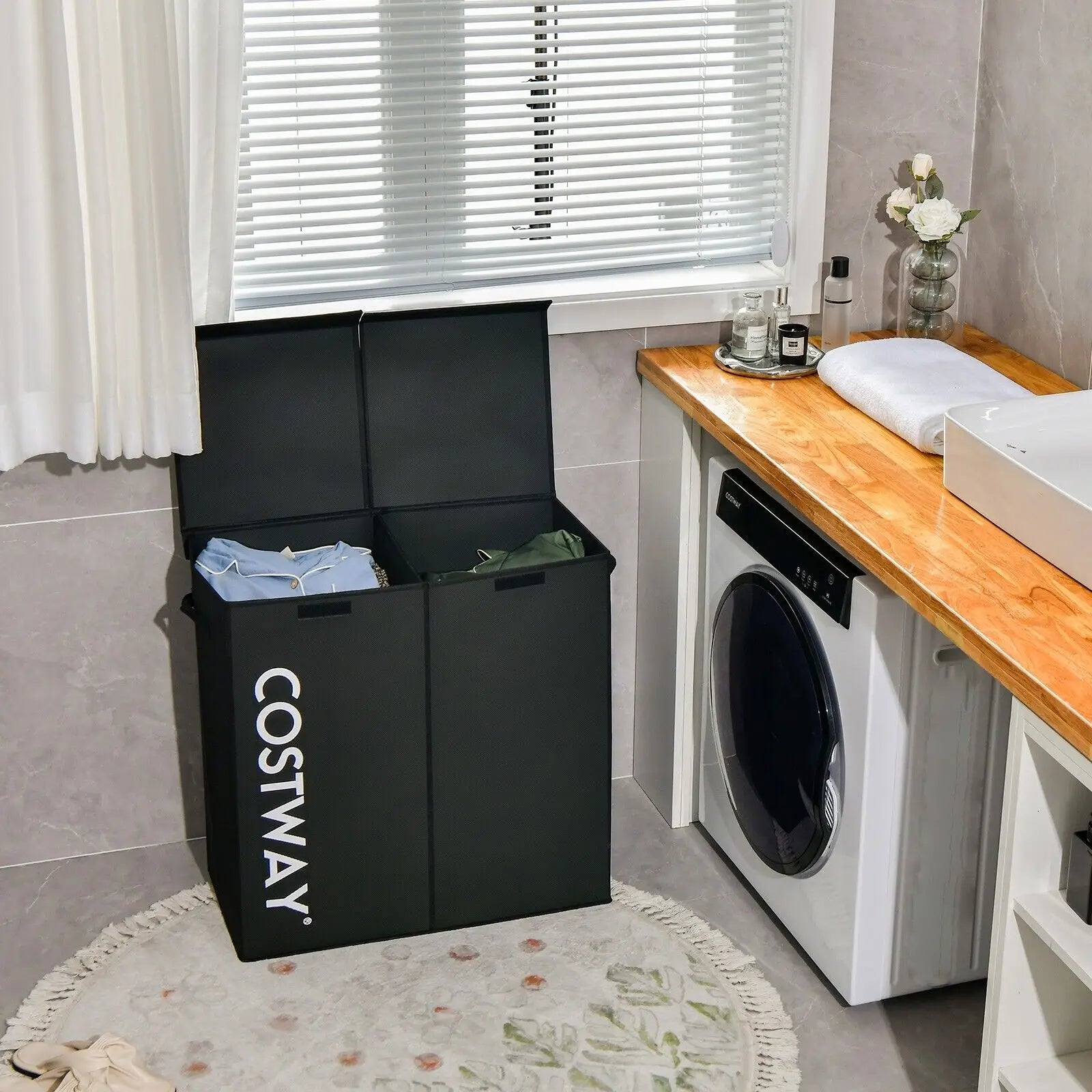 GOFLAME 2-Section Large Laundry Basket 105L Laundry Hamper Bin Clothes Organiser Home