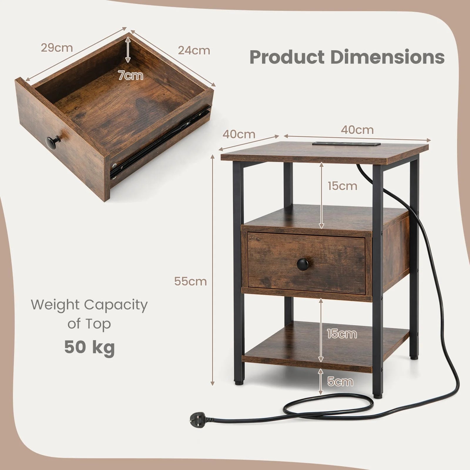 GOFLAME 3-Tier Nightstand Bedside Sofa Side Tables w/ Charging Station