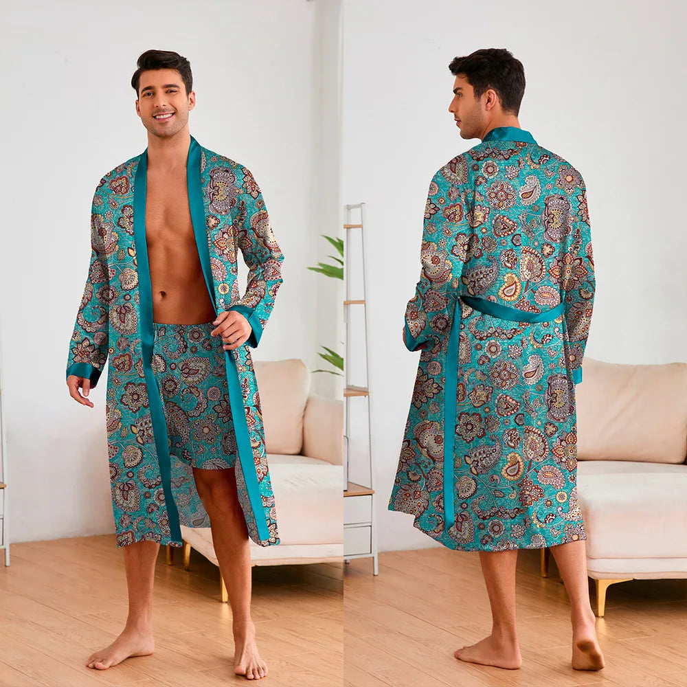 Fashion Design Pajamas Suit Men New Paisley Printed Nightgowns Long-sleeved Shorts Bathrobe Male Soft Ice silk Satin Nightwear