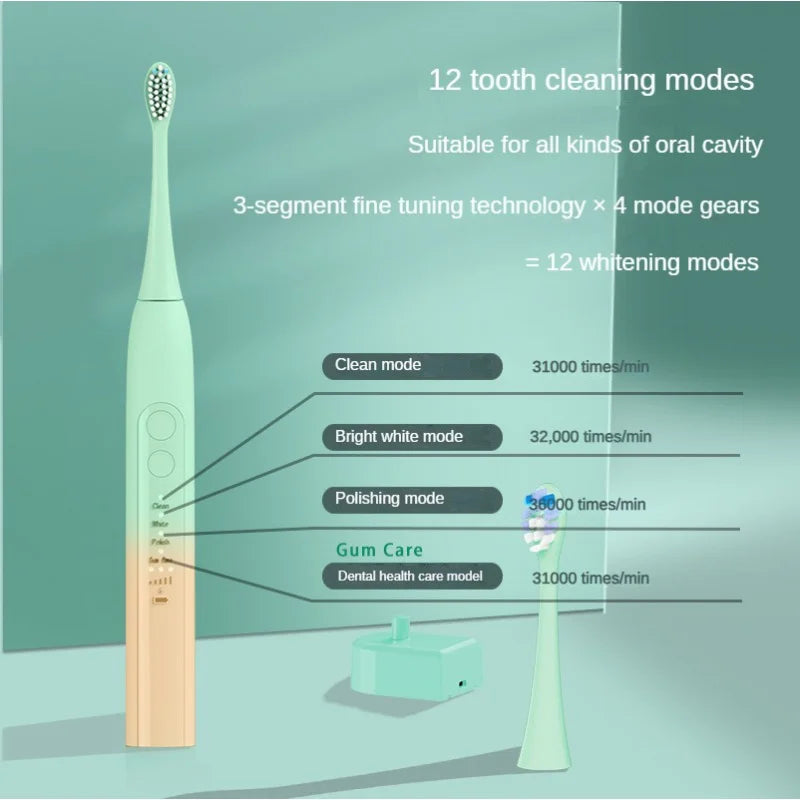 IPX7 2H Wireless Charging Toothbrush with Travel Case Dupont Soft Bristles Sonic Electric Holder Teeth Whitening 12 Modes Brush