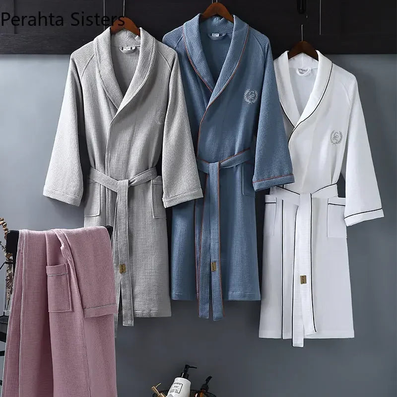 High Quality Hotel Home Waffle Bathrobe For Men Pure Cotton Embroidered Lapel Absent Bath Robe Men's Solid Color Dressing Gown