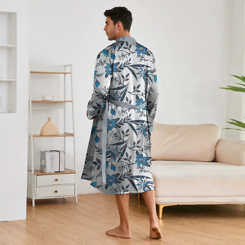 Fashion Design Pajamas Suit Men New Paisley Printed Nightgowns Long-sleeved Shorts Bathrobe Male Soft Ice silk Satin Nightwear
