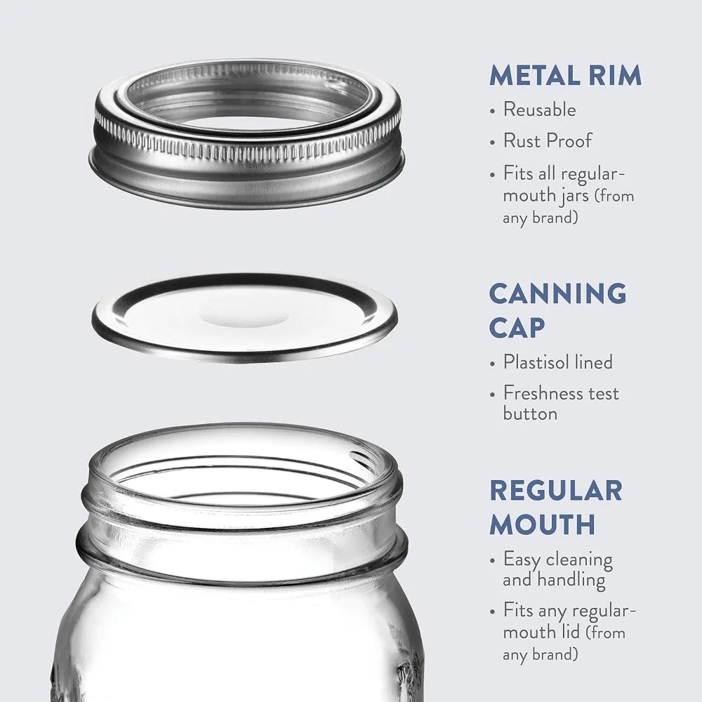 Mason Jars 473ml 6 Pack Regular Mouth Glass Jars with Lid & Seal Bands Airtight Container for Pickling Canning Candles Decor