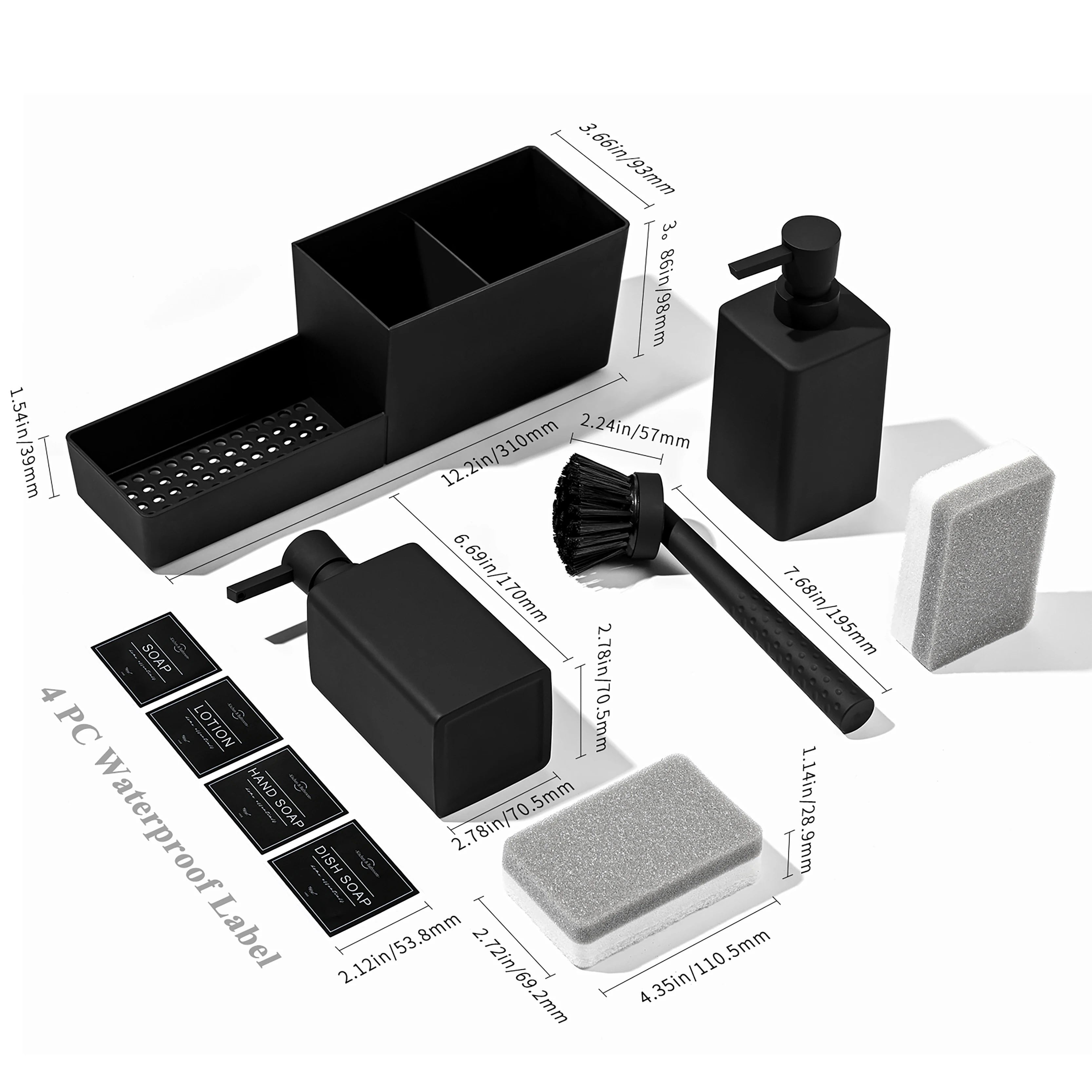 Kitchen Soap Dispenser Set with Sponge Holder and Brush for Sink Rack Hand Soap and Dish Soap Dispensers Black 4-in-1