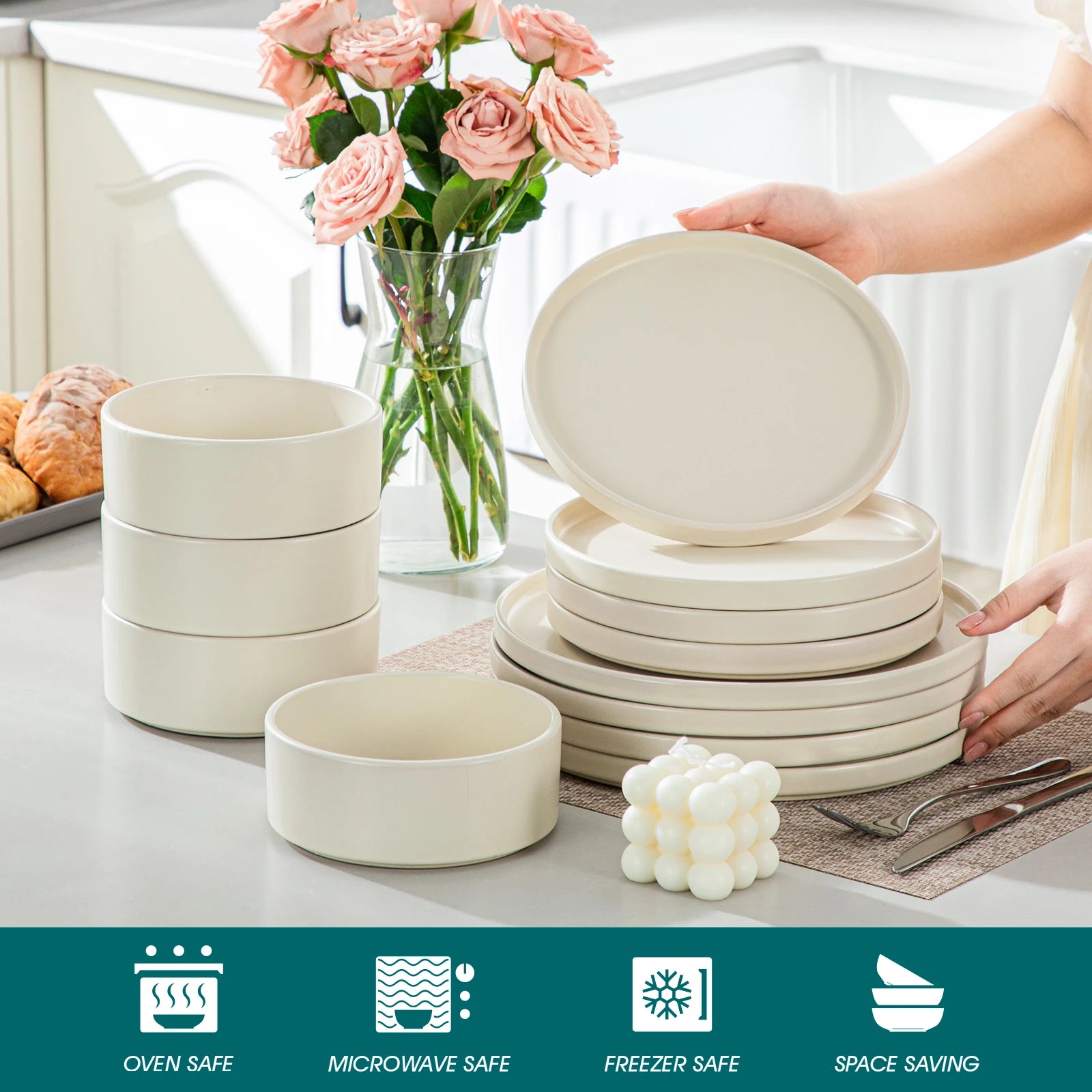 vancasso 12/24 Piece CREAM WHITE Stoneware Tableware Set Dinner Plates Set with Dinner/Dessert Plate/Bowl Dinnerware Sets