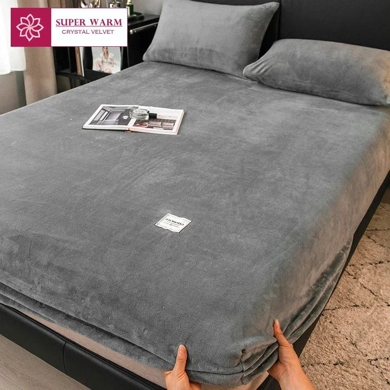 Soft Warm Plush Fitted Sheet Elastic Mattress Cover Fluffy Coral Fleece Bed Linen Winter Couple Luxury Double Bed Bedding